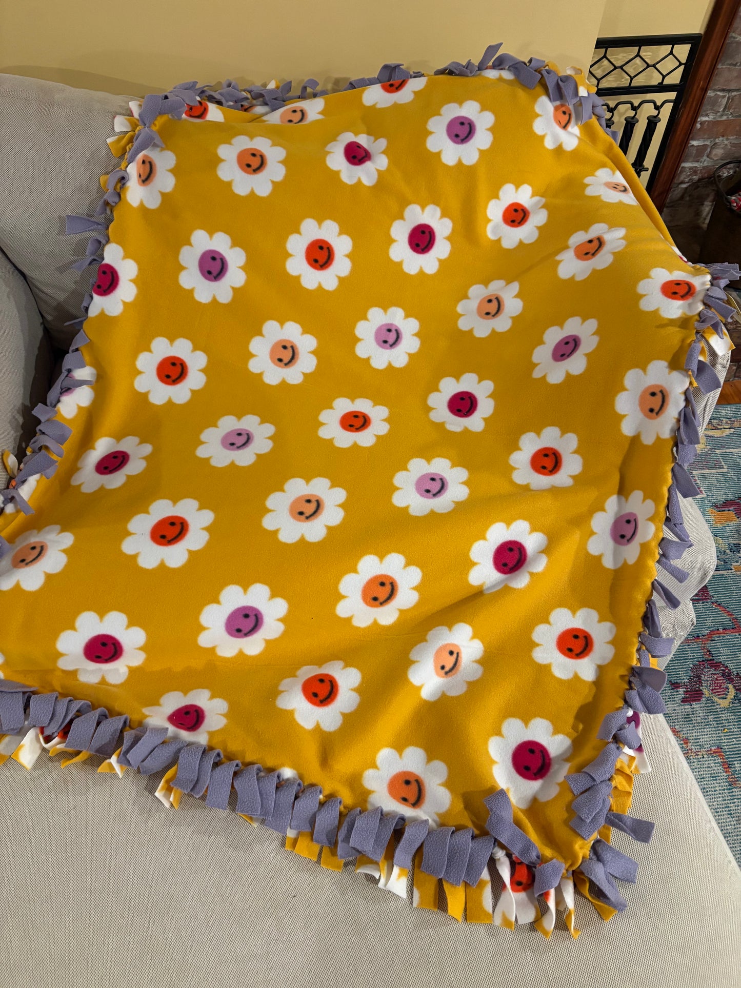 Flower Fleece Tie Blanket & Pillow Set — Double Knot Fringe | Yellow, Pink & Purple