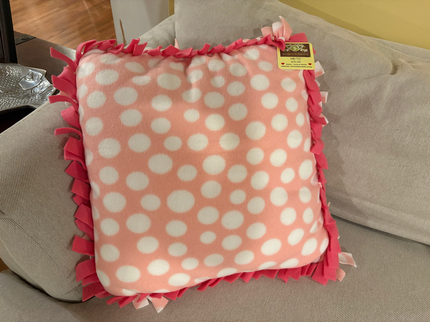 Pink & White Polka Dot Fleece Tie Pillow — Double Knot Fringe | 17x17