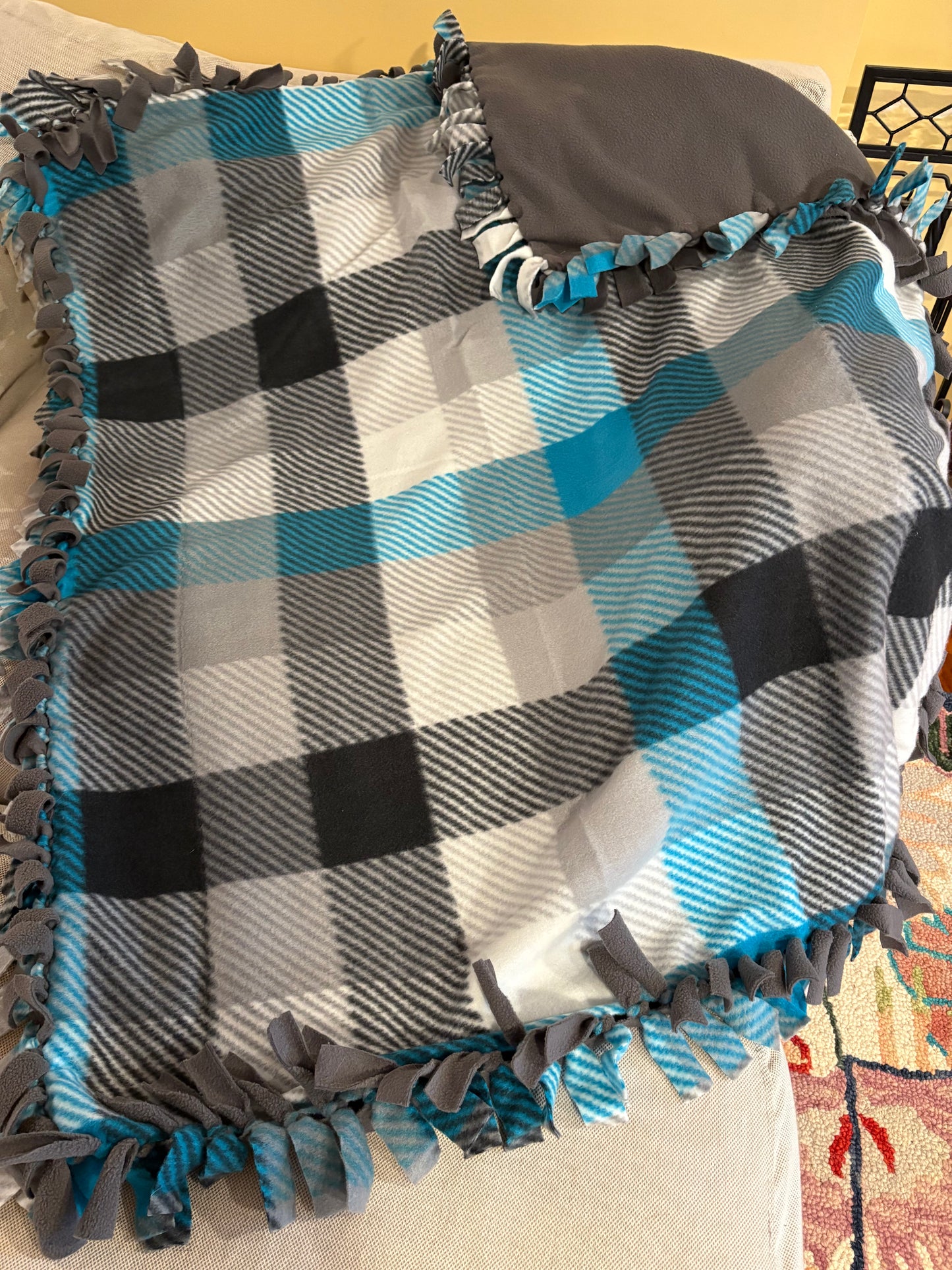 Blue, Black & Grey Fleece Tie Blanket – 39 x 46