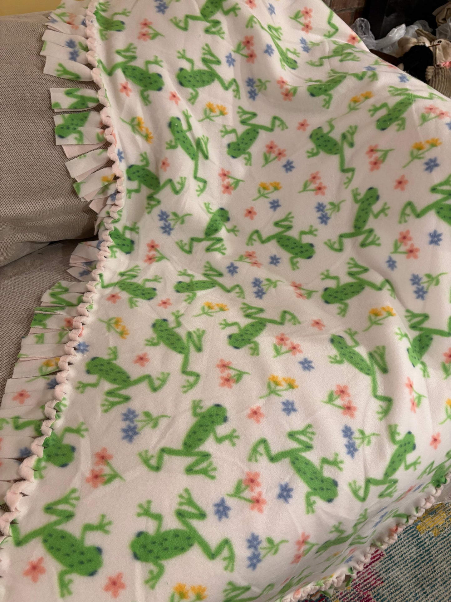 Fleece Tie Baby Blanket ( Frog and flower Design)