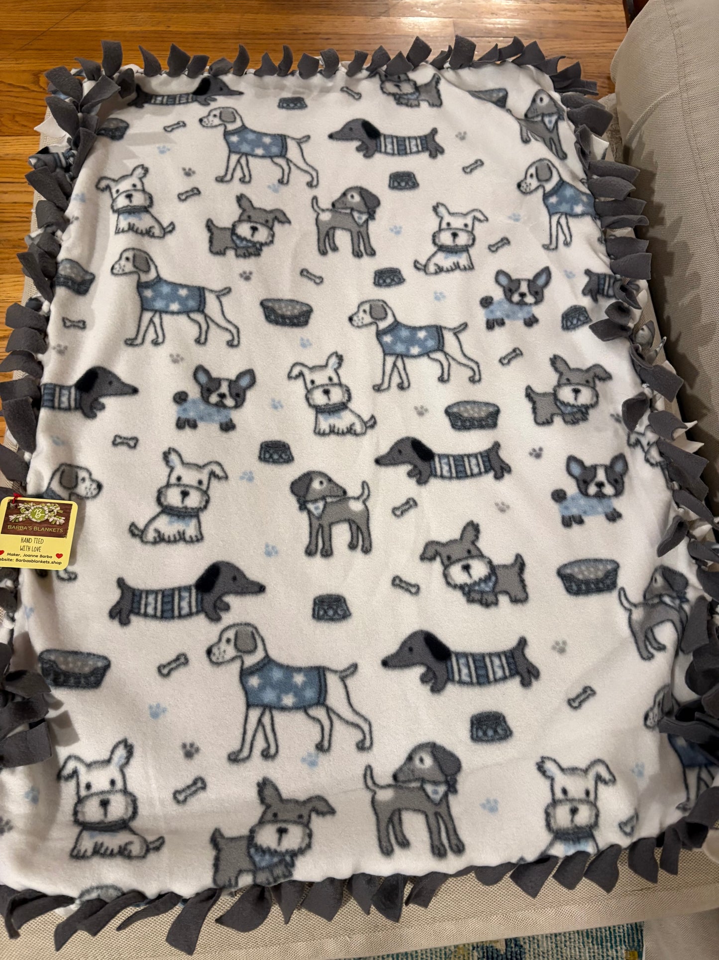 Dog Print Fleece Tie Blanket — Double Knot Fringe | Gray, Pale Blue & White size 33x23