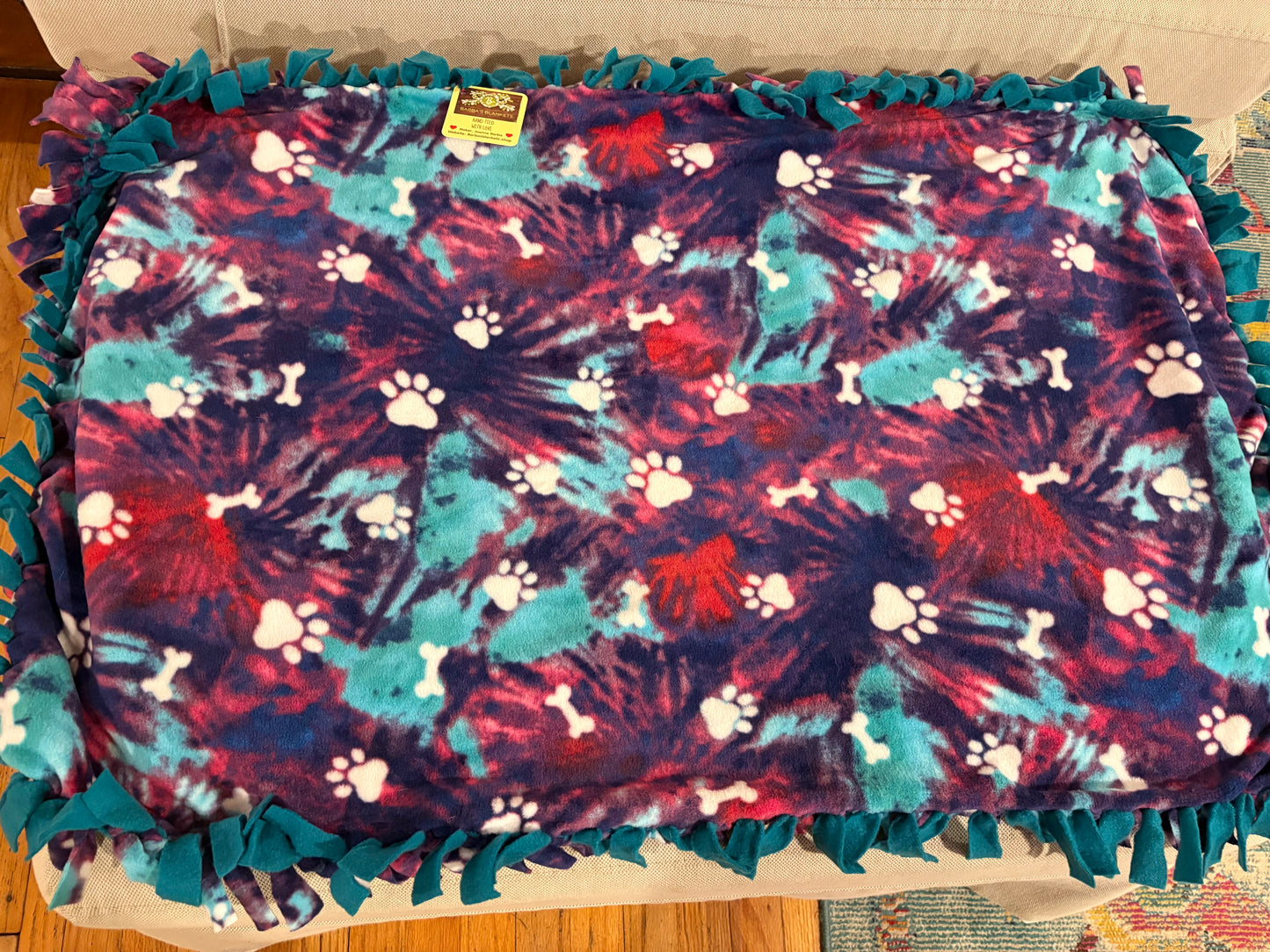 Dog Fleece Tie Blanket — Double Knot Fringe | Purple, Pink & Turquoise | 25x42