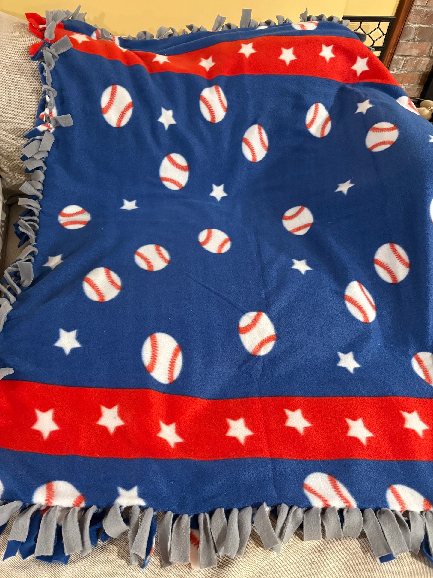 Baseball Fleece Tie Blanket — Double Knot Finish | Blue & Red