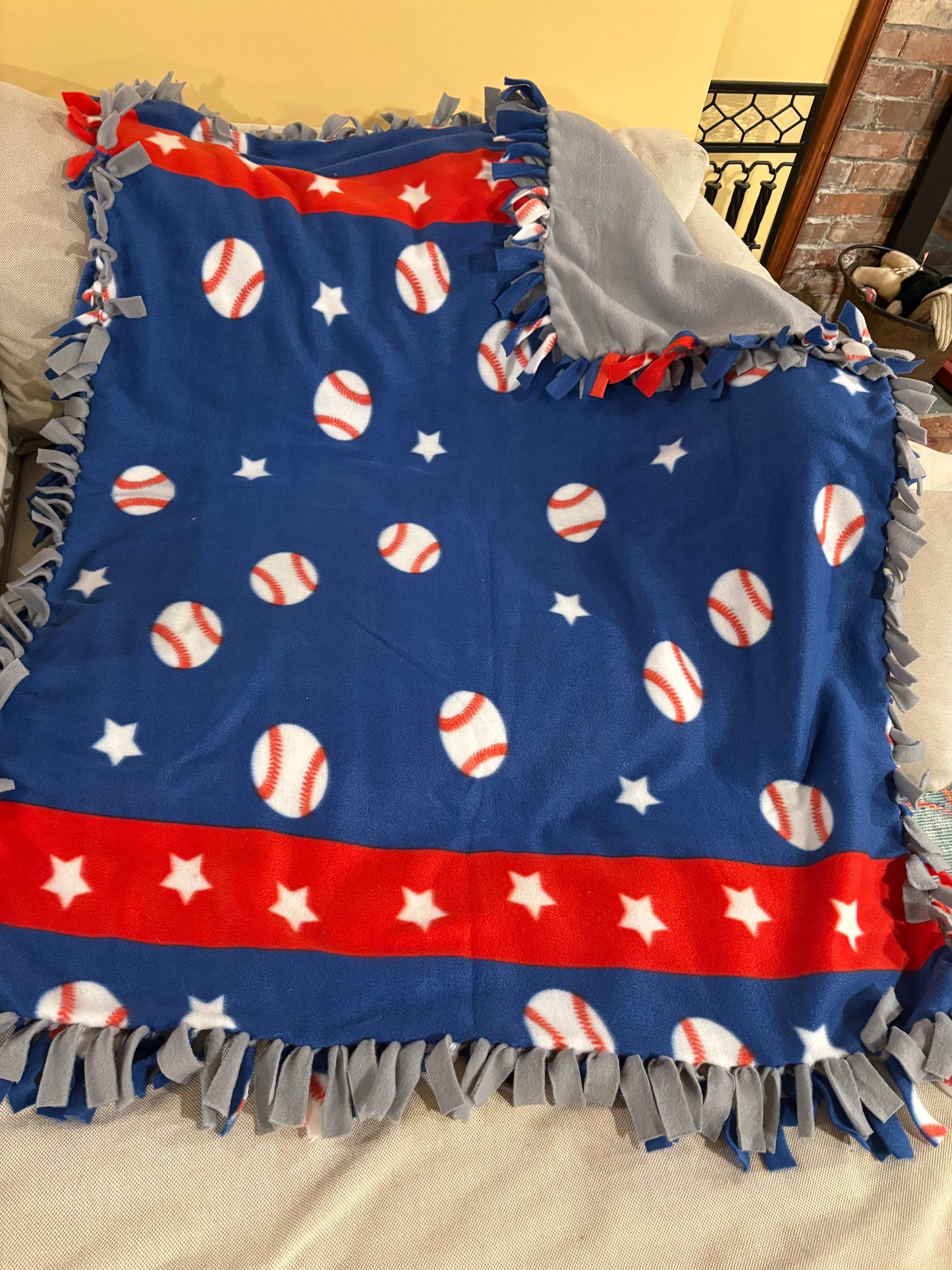 Baseball Fleece Tie Blanket — Double Knot Finish | Blue & Red