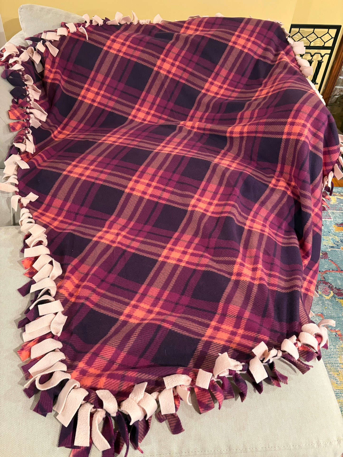 Pink & Purple Plaid Fleece Tie Blanket — Double Knot Fringe | 59x50