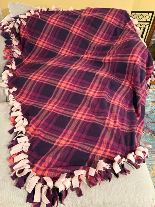 Pink & Purple Plaid Fleece Tie Blanket — Double Knot Fringe | 59x50
