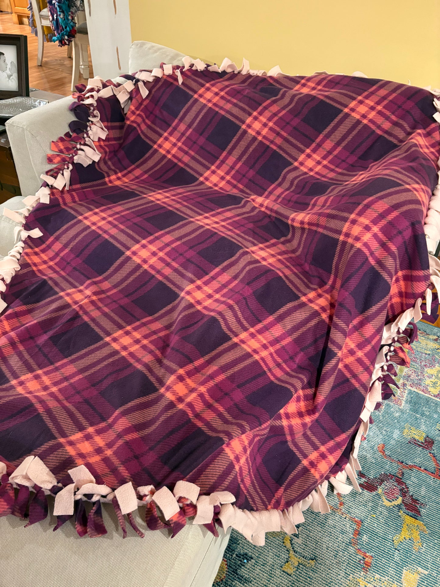 Pink & Purple Plaid Fleece Tie Blanket — Double Knot Fringe | 59x50