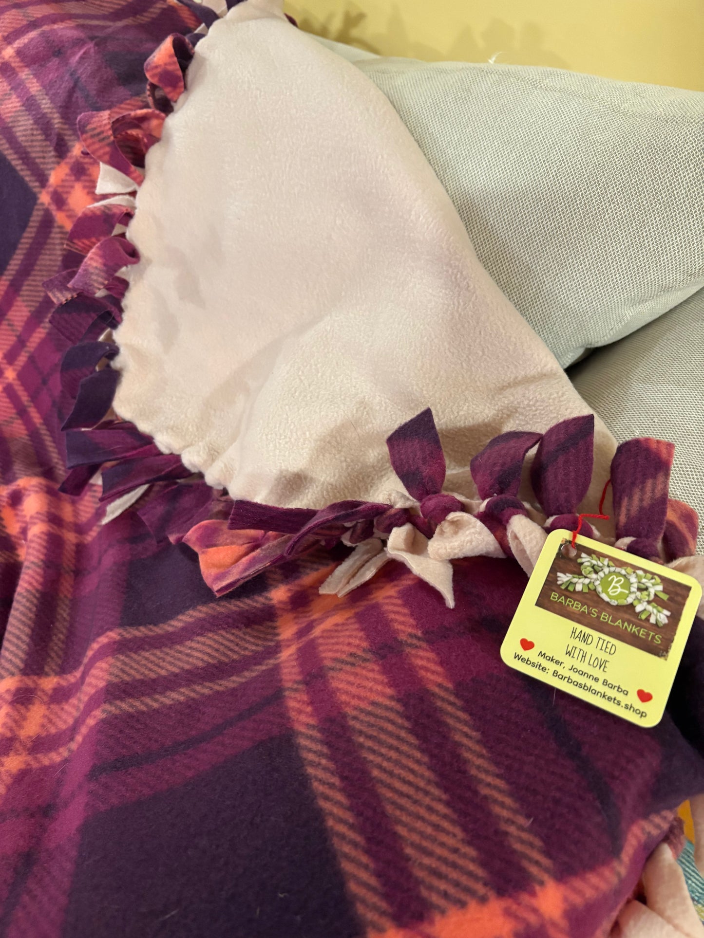 Pink & Purple Plaid Fleece Tie Blanket — Double Knot Fringe | 59x50