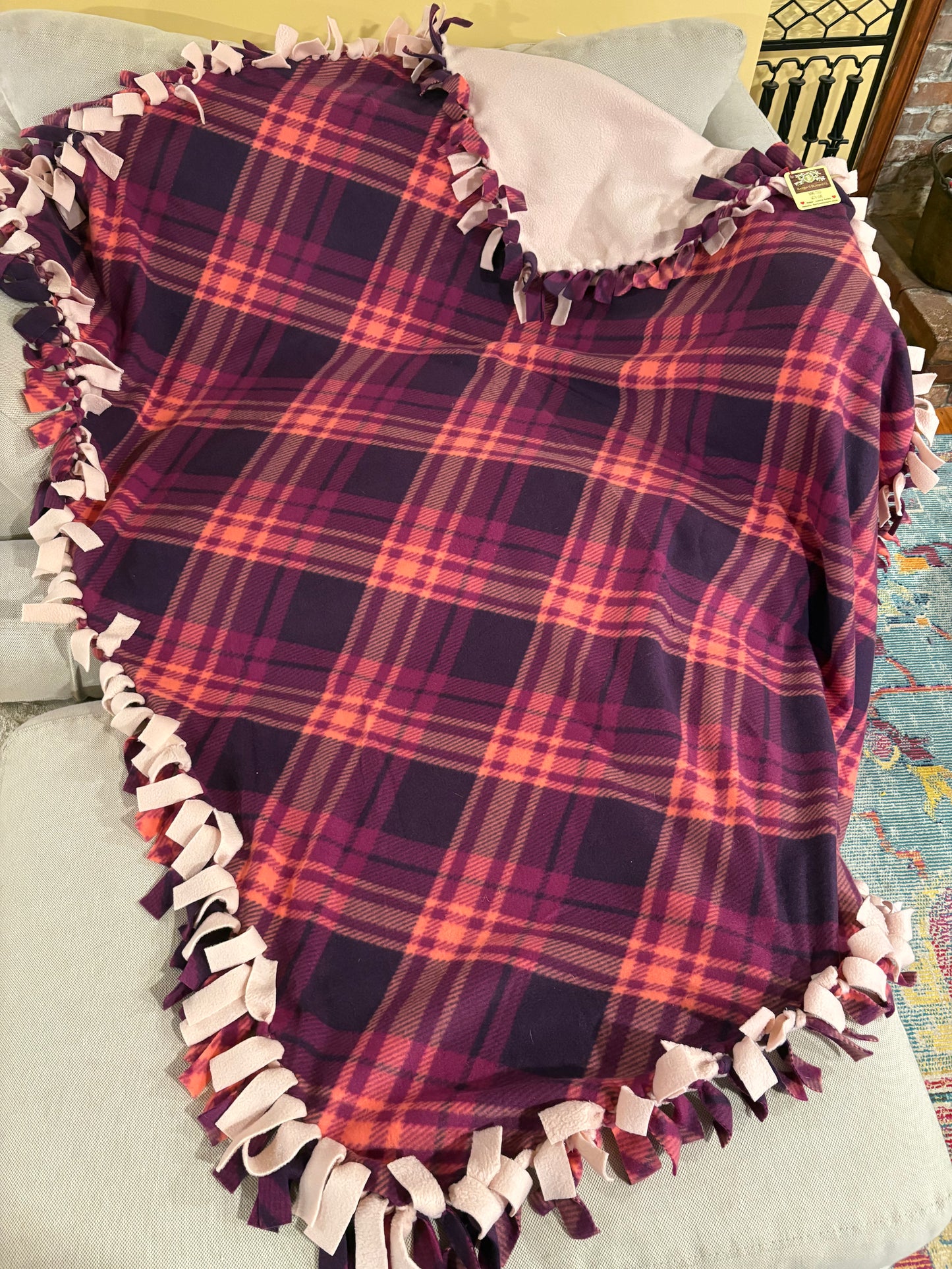Pink & Purple Plaid Fleece Tie Blanket — Double Knot Fringe | 59x50