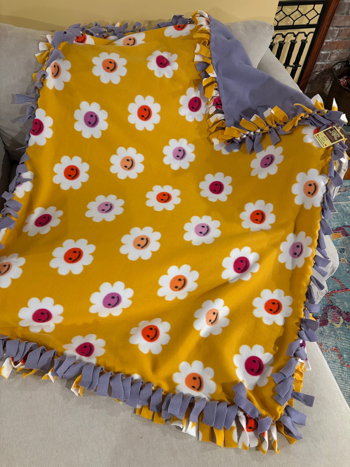 Flower Fleece Tie Blanket & Pillow Set — Double Knot Fringe | Yellow, Pink & Purple