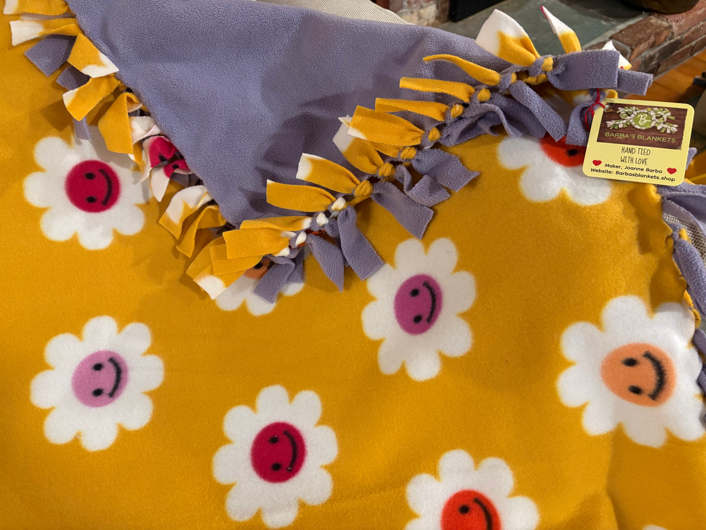 Flower Fleece Tie Pillow — Double Knot Fringe | Yellow, Pink & Purple | 20x12
