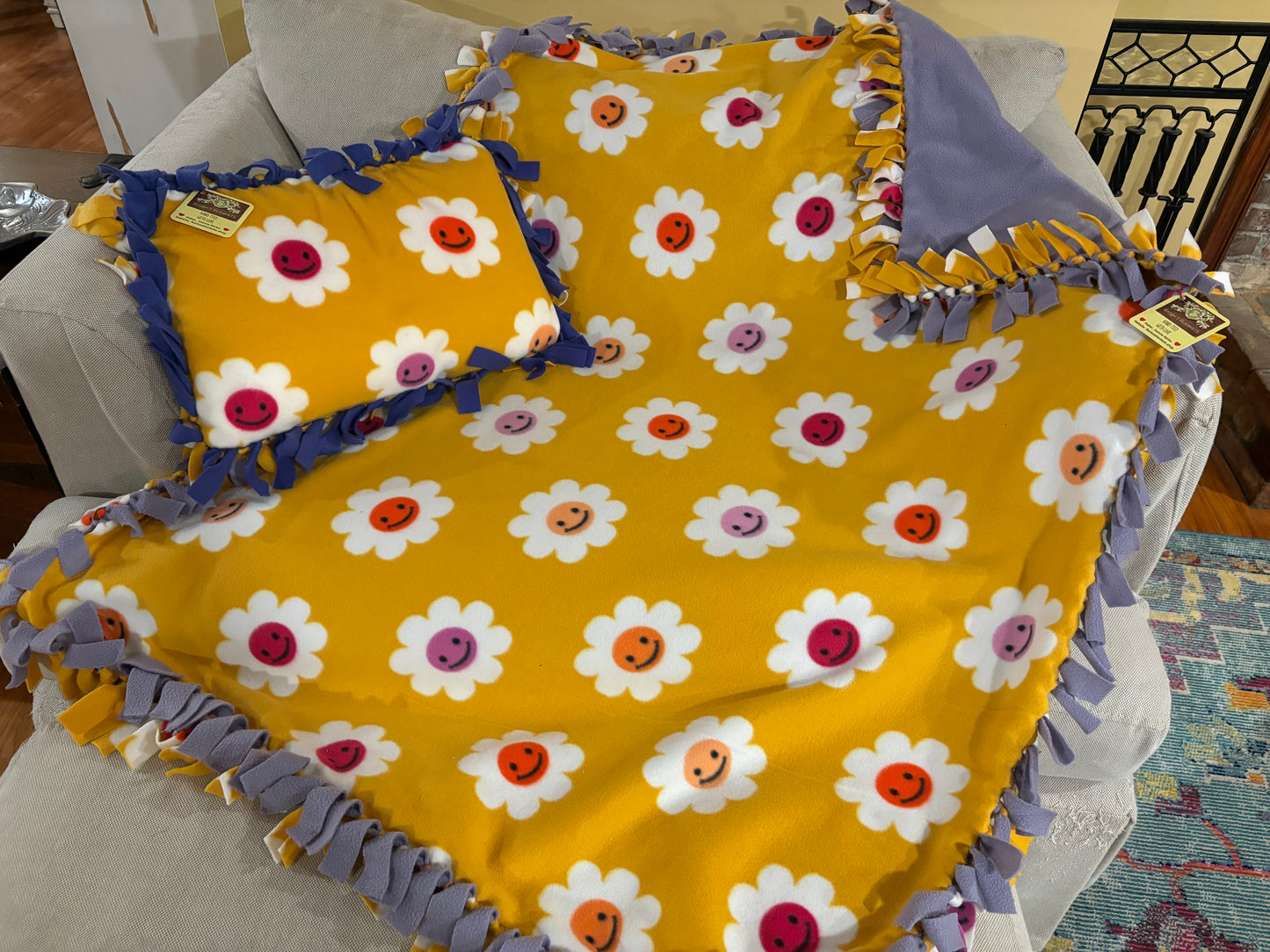Flower Fleece Tie Blanket & Pillow Set — Double Knot Fringe | Yellow, Pink & Purple