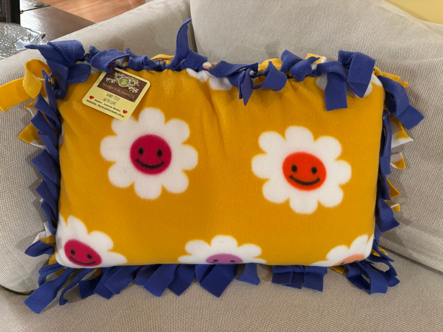 Flower Fleece Tie Blanket & Pillow Set — Double Knot Fringe | Yellow, Pink & Purple