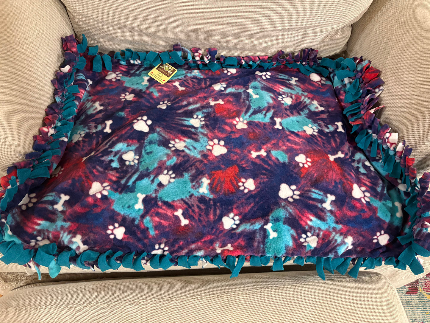 Dog Fleece Tie Blanket — Double Knot Fringe | Purple, Pink & Turquoise | 25x42