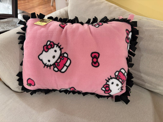 Hello Kitty Fleece Tie Pillow — Double Knot Fringe | Pink, White & Black | 23x16
