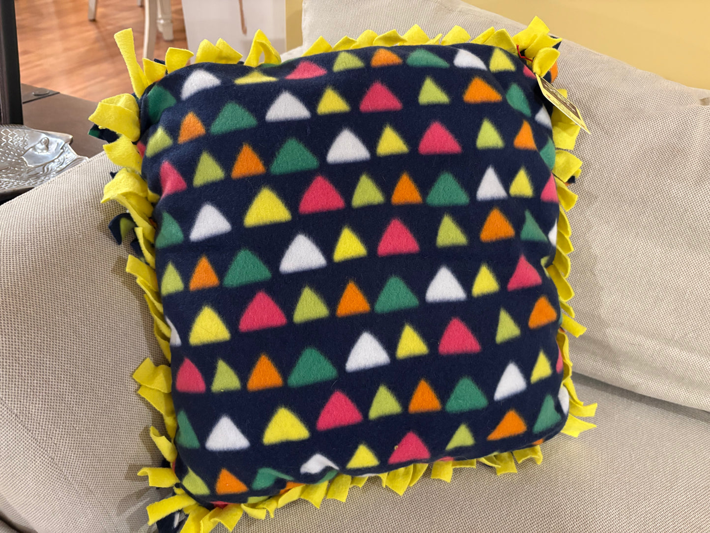 Multi-Color Triangle Fleece Tie Pillow — Double Knot Fringe | 17x17