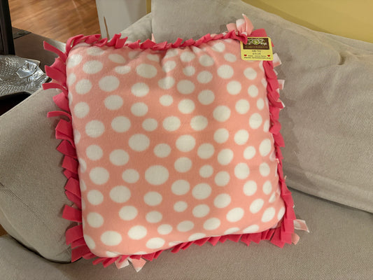Pink & White Polka Dot Fleece Tie Pillow — Double Knot Fringe | 17x17