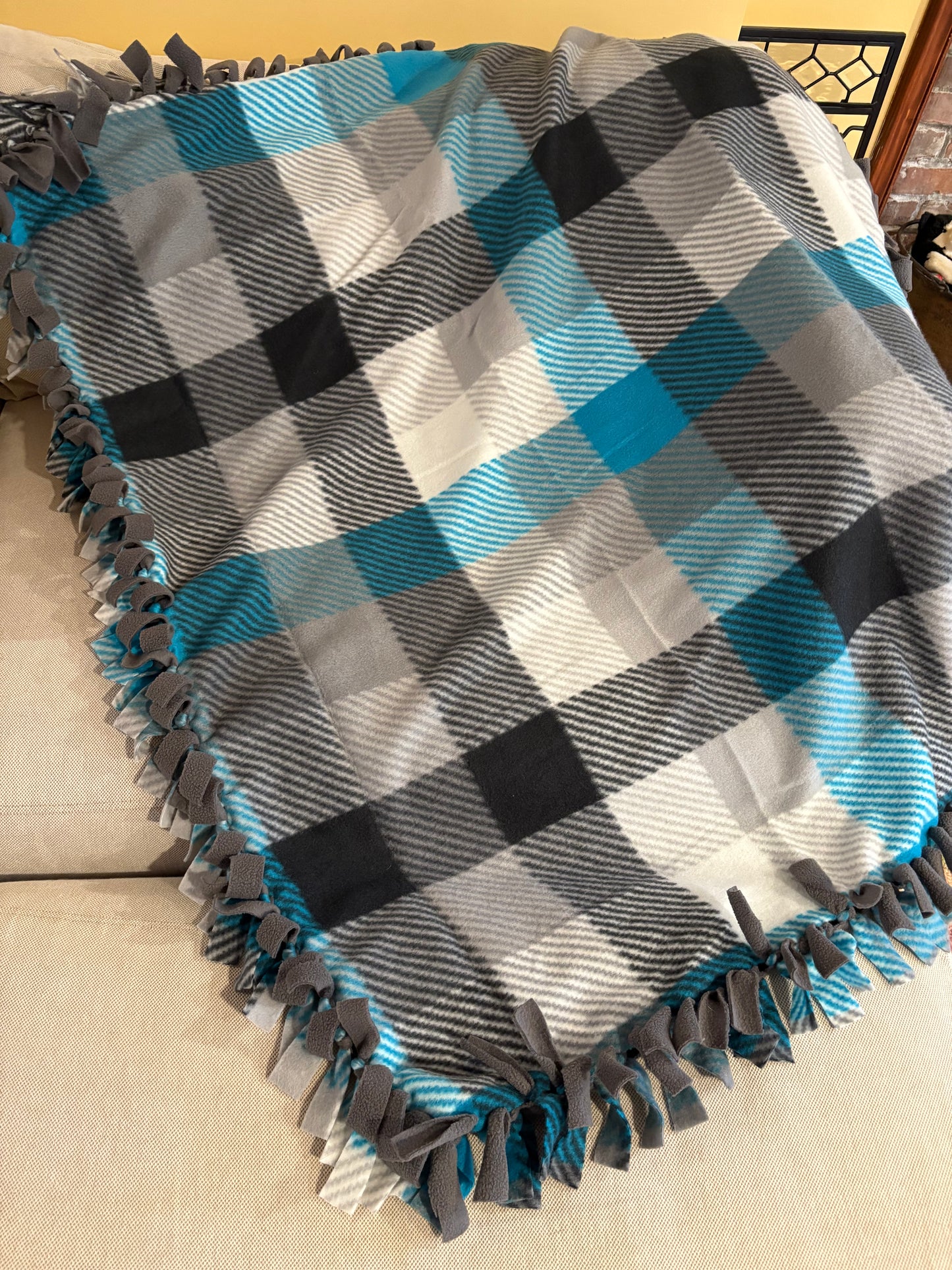 Blue, Black & Grey Fleece Tie Blanket – 39 x 46