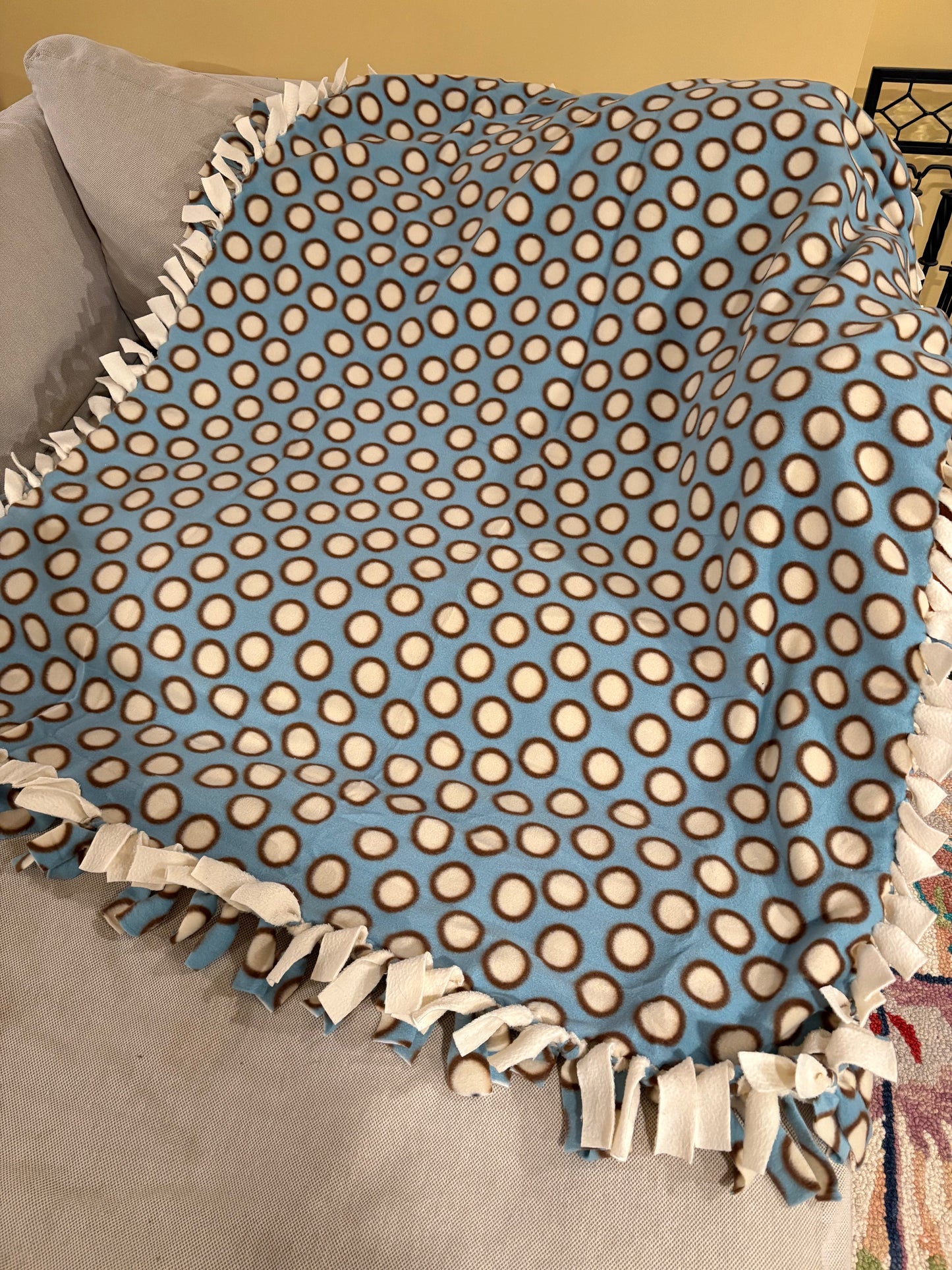 Baby Blue Fleece Tie Blanket with Cream & Brown Circles – 39 x 51
