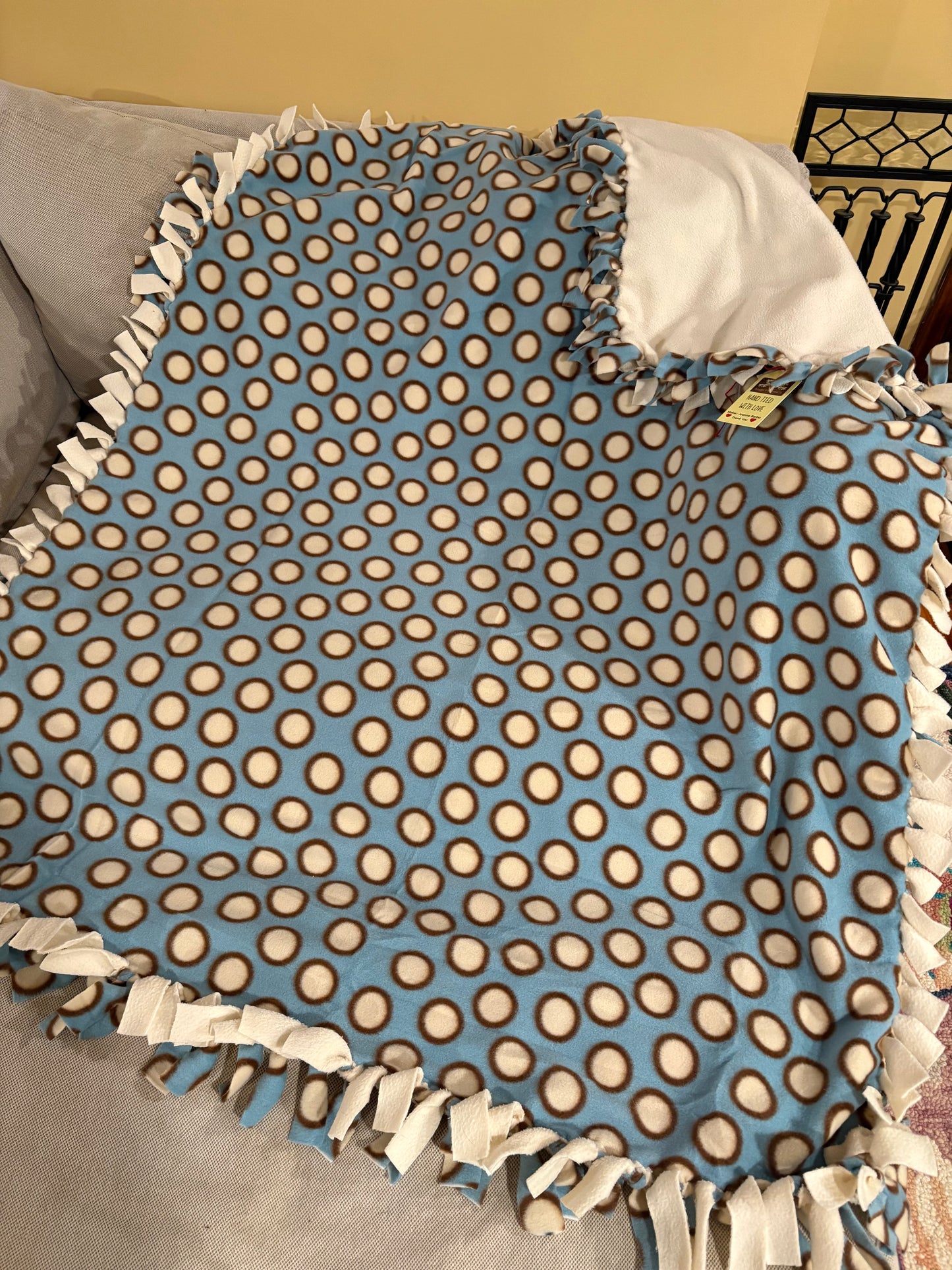 Baby Blue Fleece Tie Blanket with Cream & Brown Circles – 39 x 51